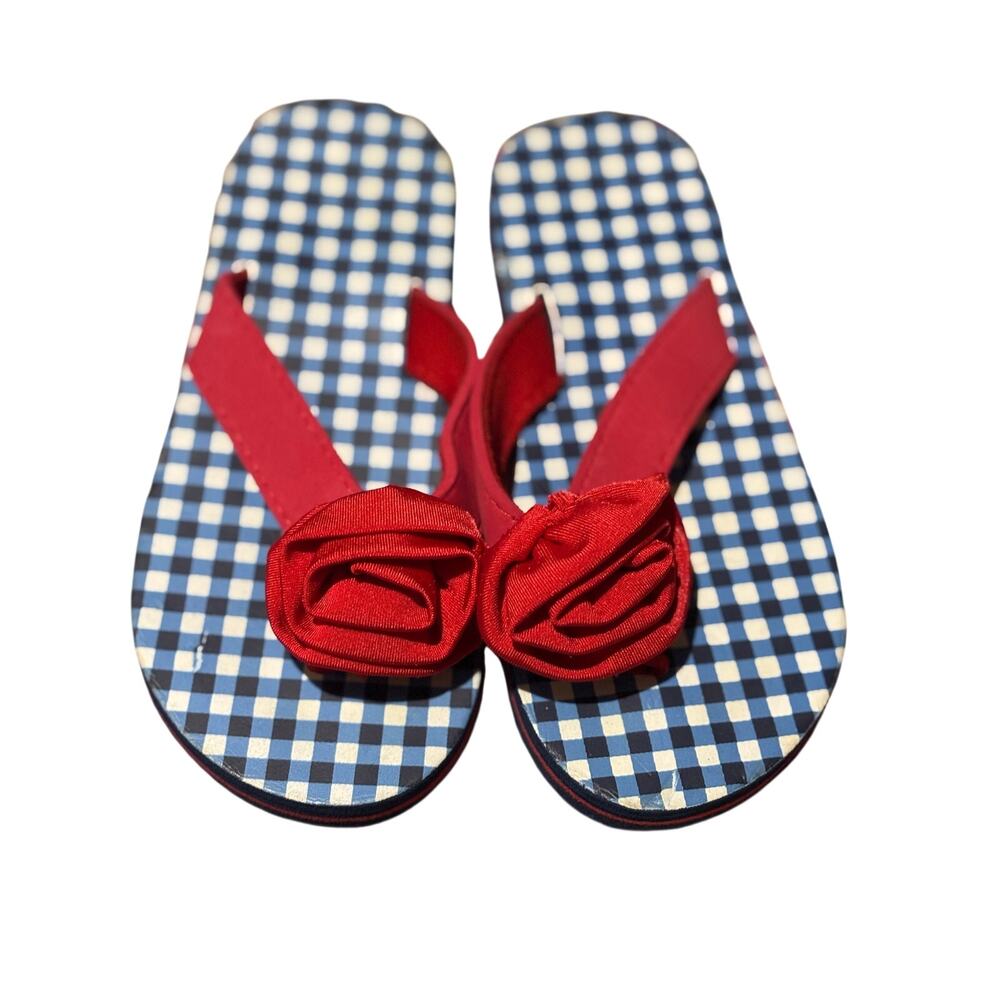 Blue white gingham flip flop with arch and red rose detail nwot super cute